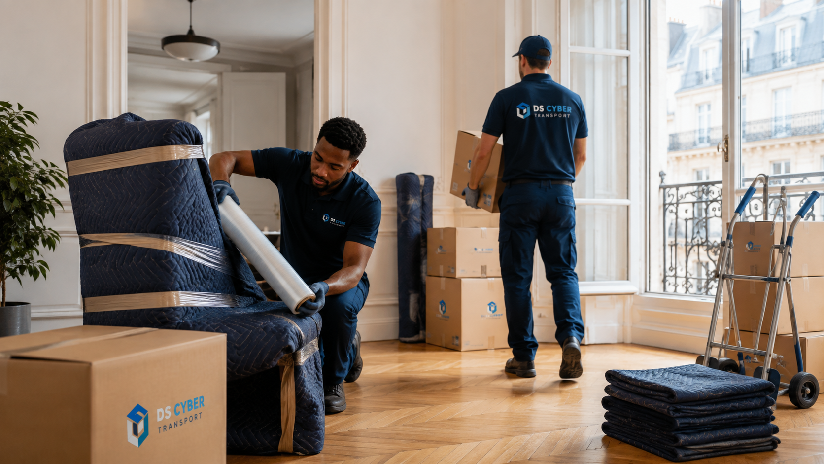 Déménageurs protégeant du mobilier